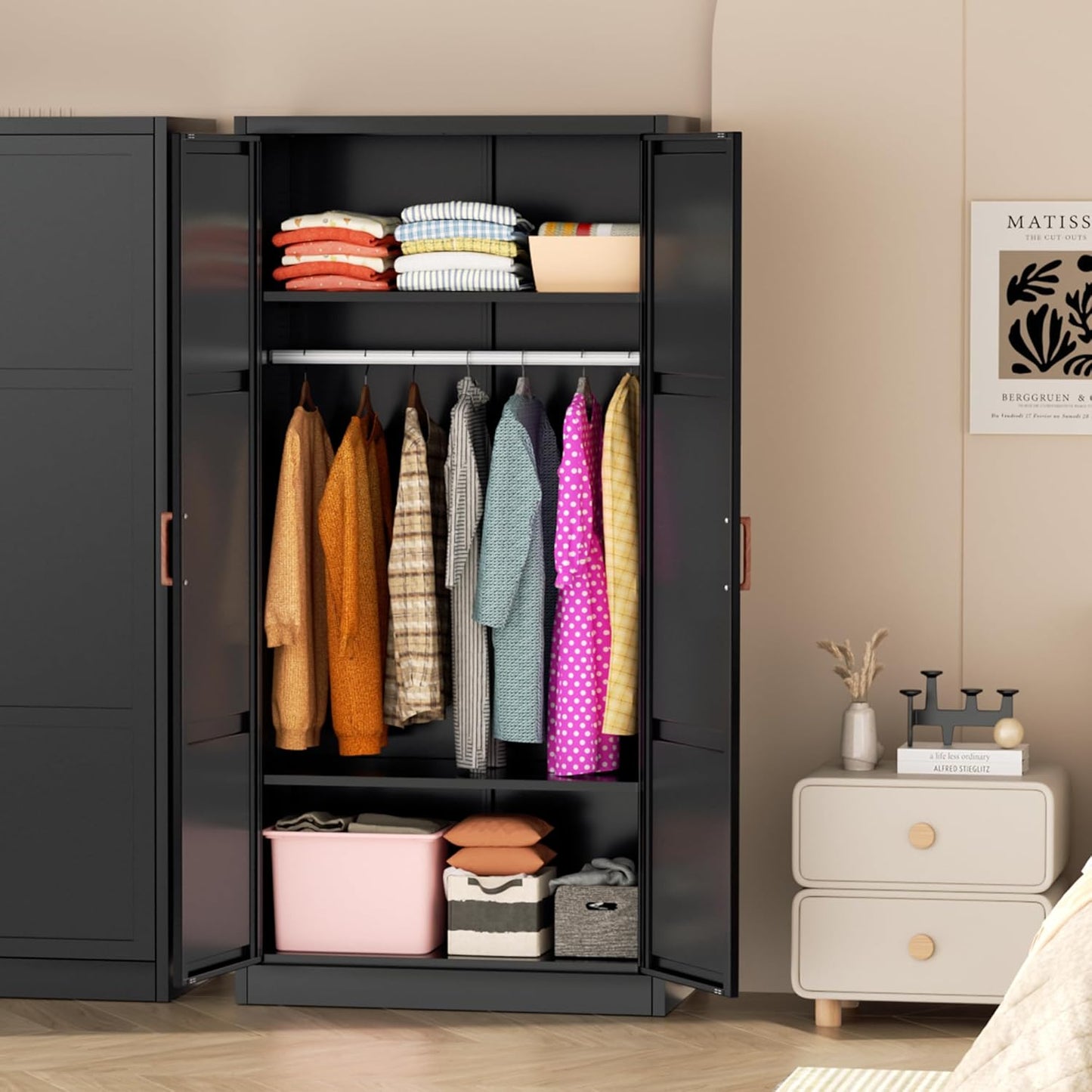 Metal Wardrobe Cabinet with Wooden Handle, 72" Black Metal Wardrobe Closet with Hanging Rods and Adjustable Shelves, Clothing Storage Closet Cabinet for Bedroom, Cloak Room, Laundry Room
