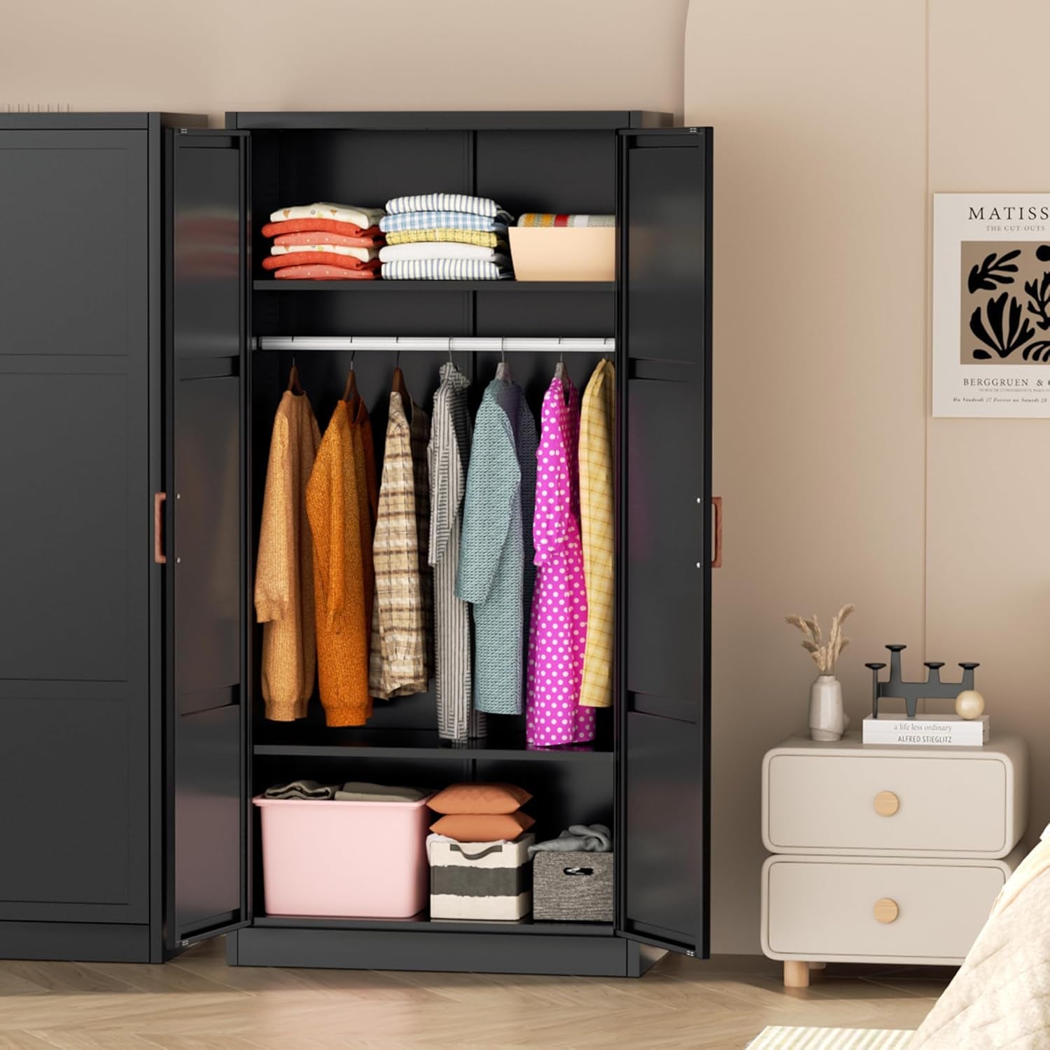 Metal Wardrobe Cabinet with Wooden Handle, 72" Black Metal Wardrobe Closet with Hanging Rods and Adjustable Shelves, Clothing Storage Closet Cabinet for Bedroom, Cloak Room, Laundry Room