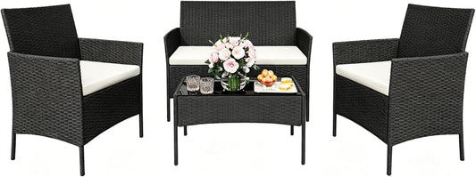 Patio Furniture Set 4 Pieces, Outdoor Patio Furniture Set with Rattan Wicker Chairs, Glass Table and Cushions for Porch, Balcony, Backyard, Garden, Poolside, Brown & Red (Black and Beige, 4 Pieces)