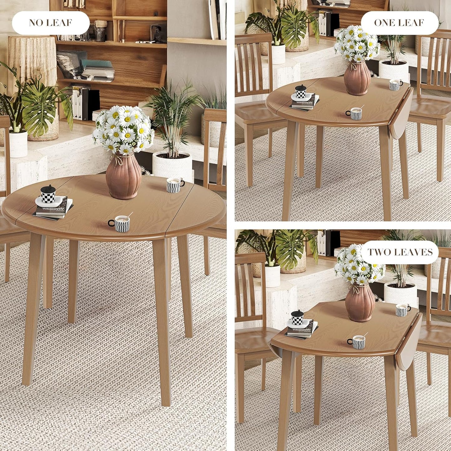 3-Piece Extendable Dining Table Set for 2, 36" Kitchen round Wood Table with 2 Wooden Dining Room Chairs,Light Brown/Camel