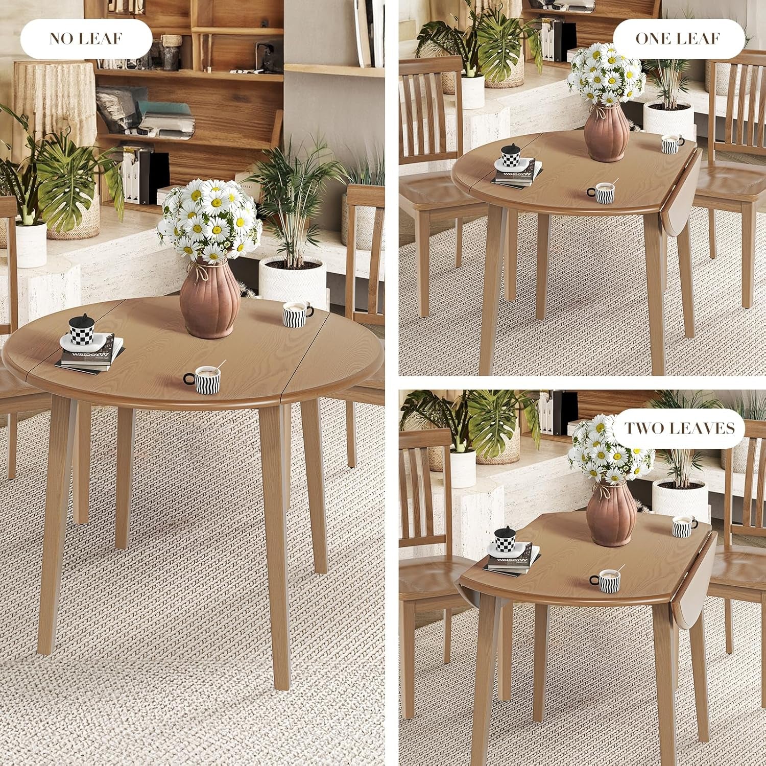 3-Piece Extendable Dining Table Set for 2, 36" Kitchen round Wood Table with 2 Wooden Dining Room Chairs,Light Brown/Camel