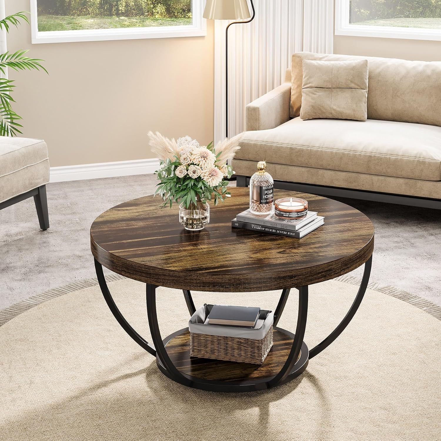 round Coffee Table, 31.7" Wooden 2-Tier Circle Coffee Table with Storage Shelves, Modern Accent Cocktail Table Center Table for Living Room, Rustic Brown