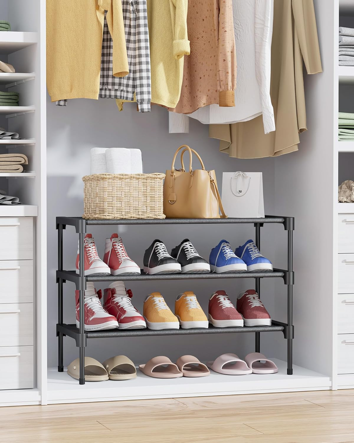 Shoe Rack - Non-Woven Shoe Rack Shelf, Shoe Organizer for Closet, Entryway, Garage & Corridor, Stackable Shoe Shelves, 27.5" Wide - 3 Tier, Black