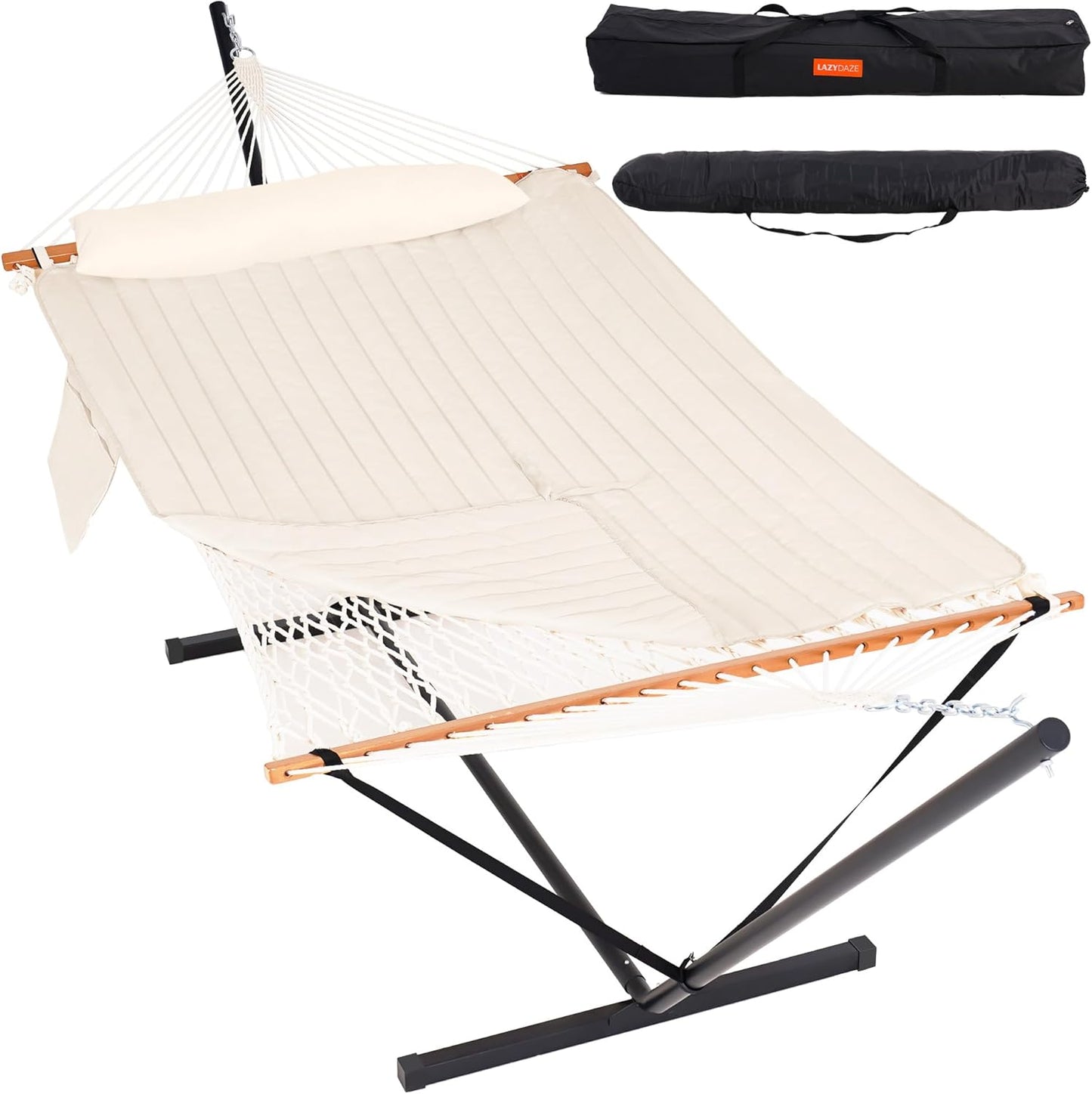 2 Person Portable Hammock with 12FT Stand, Double Hand Woven Cotton Rope Hammock with Detachable Quilted Pad & Pillow for Outside, 450Lb Capacity, Natural