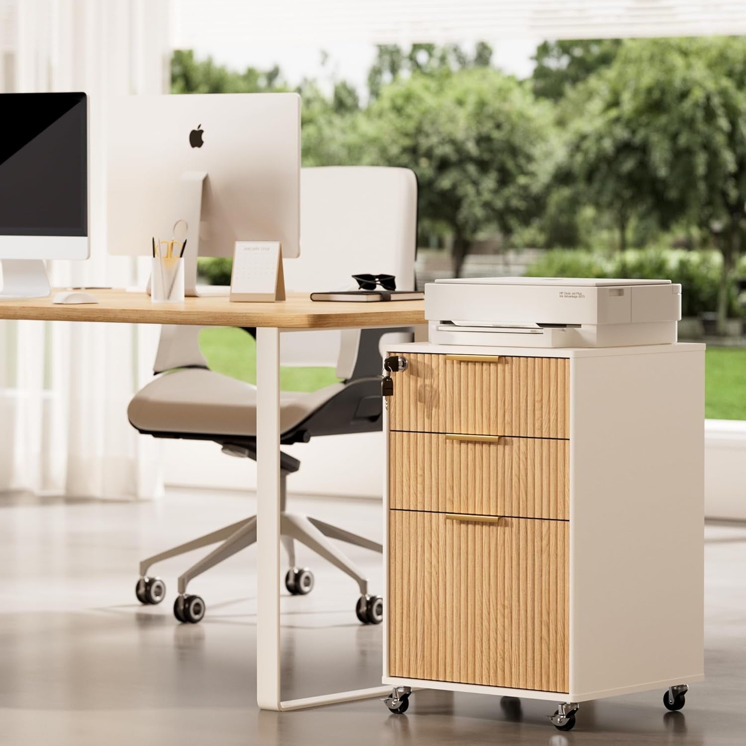 3 Drawers Fluted Mobile File Cabinet with Lock, Rolling File Cabinet Printer Stand Table, under Desk Wooden Filing Cabinets for Home Office Essentials Storage Organization Furniture Letters/A4(Oak)