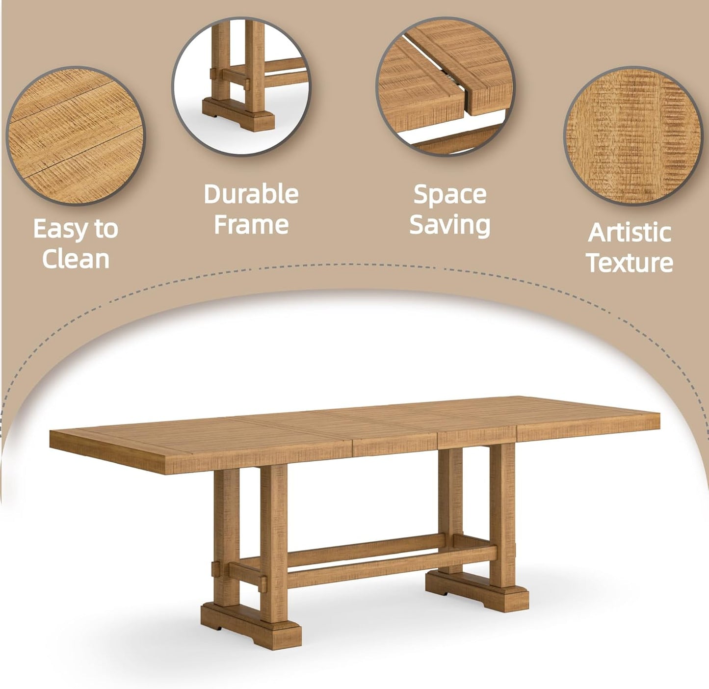 Havonplane Rustic Distressed Counter Height Dining Extension Table with Removable Center Leaf and Double Trestle Base, Light Brown