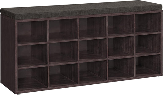 CUSTOS Collection - Shoe Bench, Storage Bench with Padded Seat, Entryway Bench with 15 Compartments, for Bedroom, 11.8 X 41.3 X 18.9 Inches, Espresso Brown and Chestnut Brown ULHS15BR