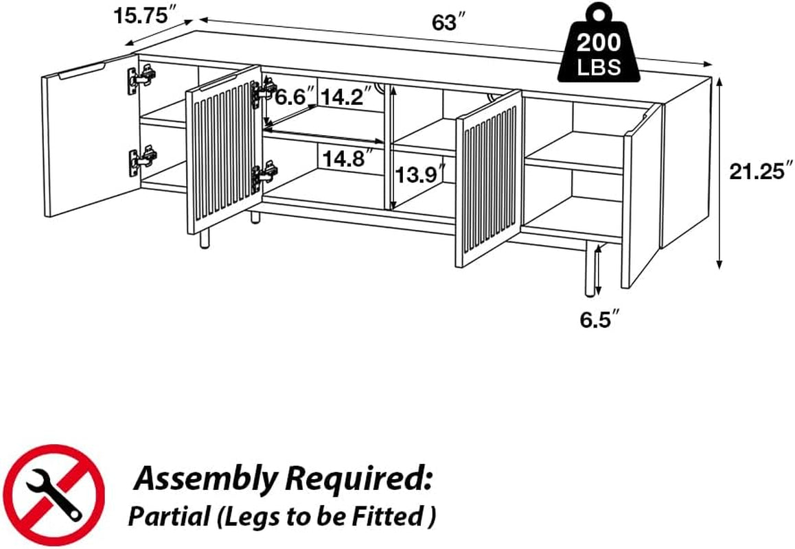 Full Assembled Mid-Century Modern TV Stand with Slatted Doors, Wood Media Console for 65 Inch TV, TV Console with Tall-Cast Metal Legs, Entertainment Center with Storage for Living Room