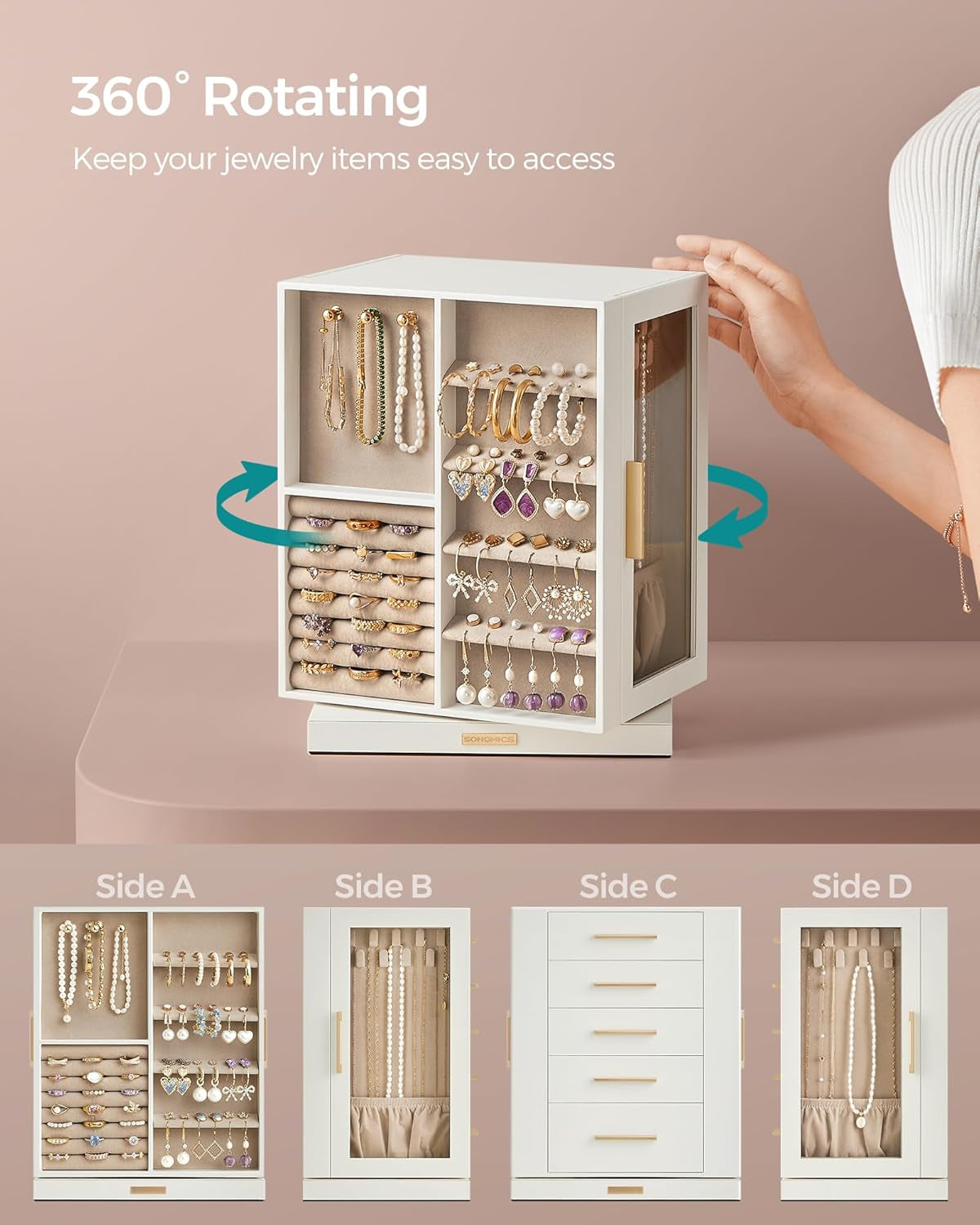 Jewelry Box 360° Rotating, Jewelry Storage Case with 5 Drawers, Jewelry Organizer, Glass Window, Spacious, Vertical Jewelry Storage, Open Design, Great Gift, Cloud White UJBC170W01