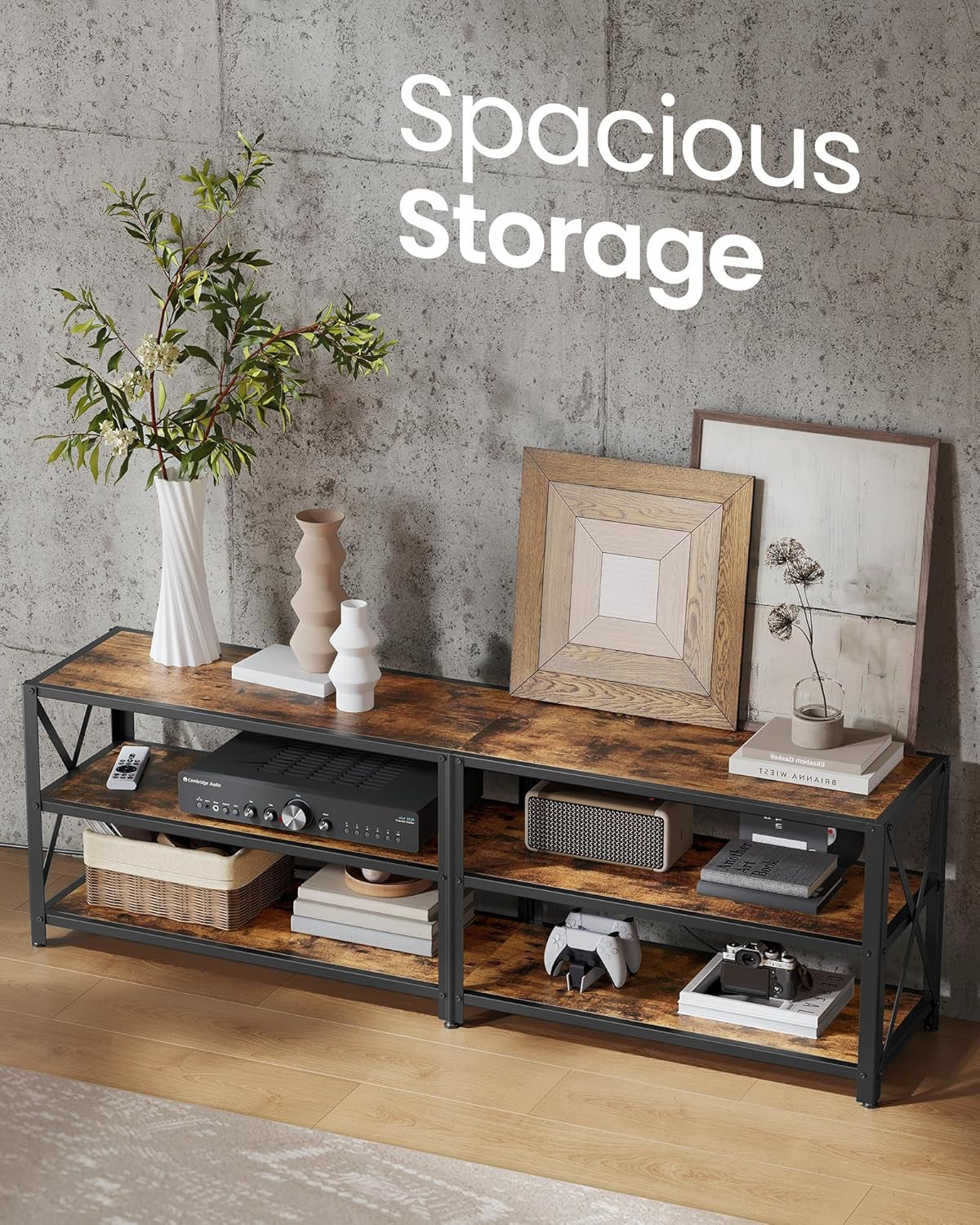 TV Stand with Power Outlets and LED Lights, for Tvs up to 65 Inches, Entertainment Center with Open Storage Shelves, TV Console Table for Living Room, Rustic Brown and Ink Black ULTV118K01