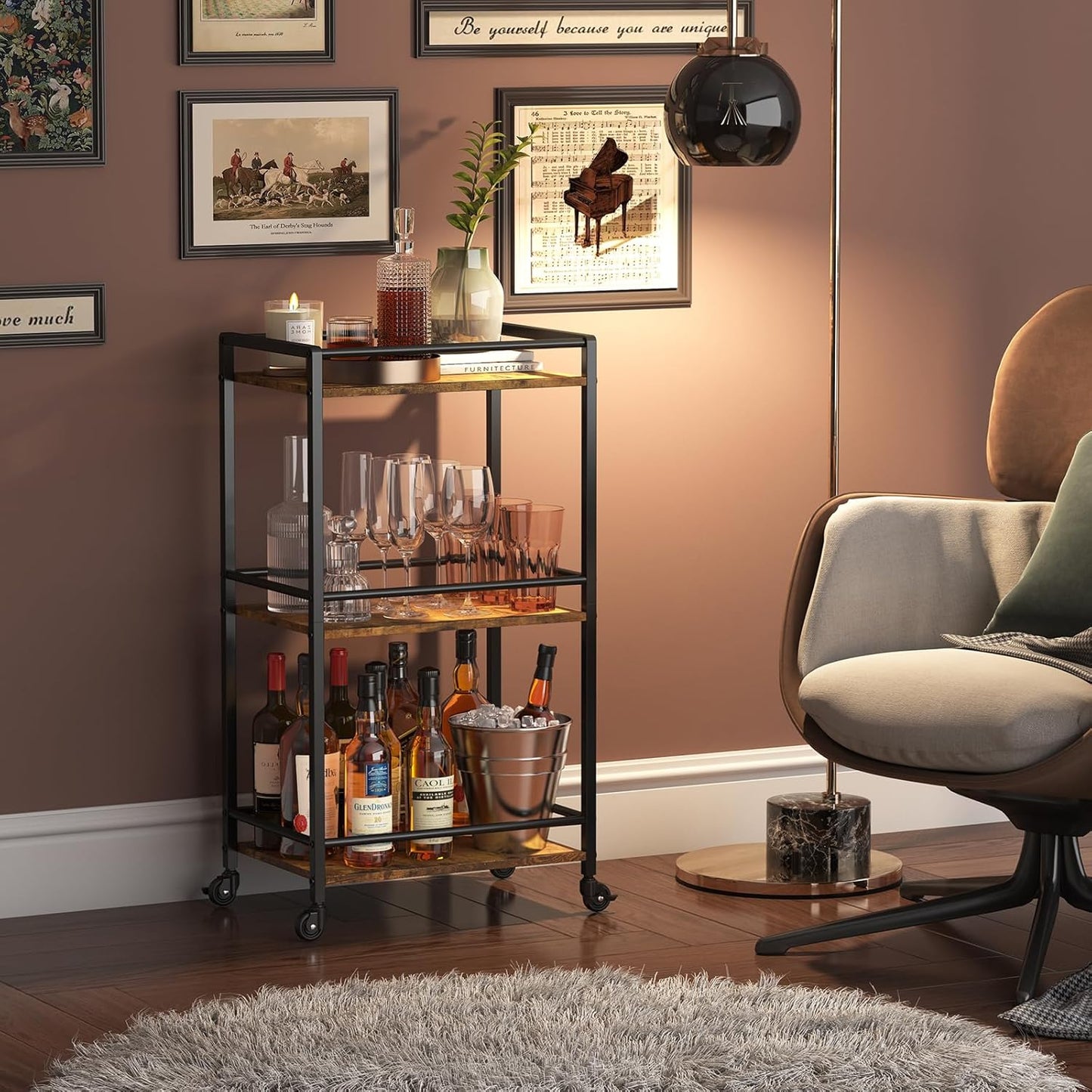 Bar Cart for the Home, 3 Tier Small Rolling Wine Cart, Drink Serving Cart with Lockable Wheels, Mini Liquor Utility Cart for Kitchen Dining Living Room, 17" X 11.8" X 32.1", Rustic Brown