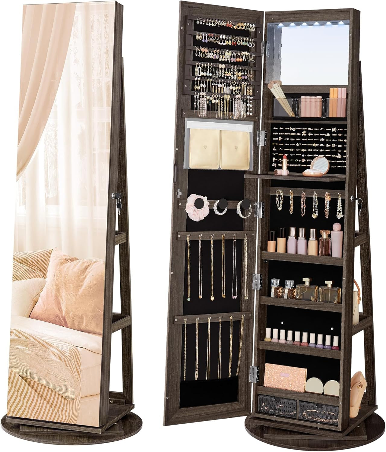 6 Leds Lockable Mirror Jewelry Cabinet, 360° Swivel Jewelry Organizer Armoire Standing, Frameless Full-Length Mirror, 3 Storage Shelves, Black Surface, Black Lining UJJC007B01