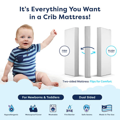 Little Dreamer Crib Mattress – Dual-Sided Baby and Toddler Mattress, Firm Infant Support, Waterproof and Hypoallergenic, 5" Foam, Standard Size, Made in USA