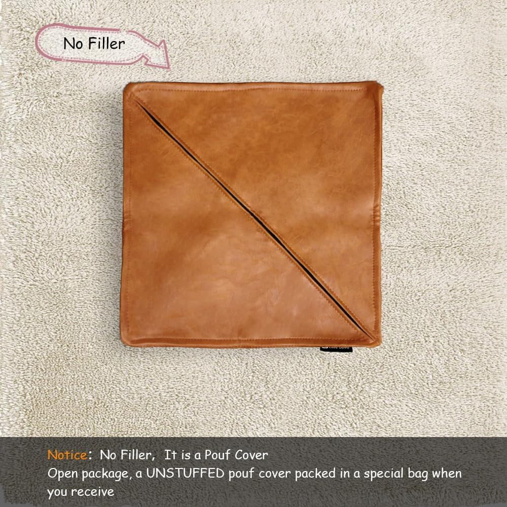 Pouf Ottoman, Unstuffed Pouf Cover, Handmade Faux PU Leather Moroccan, Orange Brown 17.7" Square, Foot Rest for Living Room, Floor Chair Gifts for Men Women, (Only Cover)