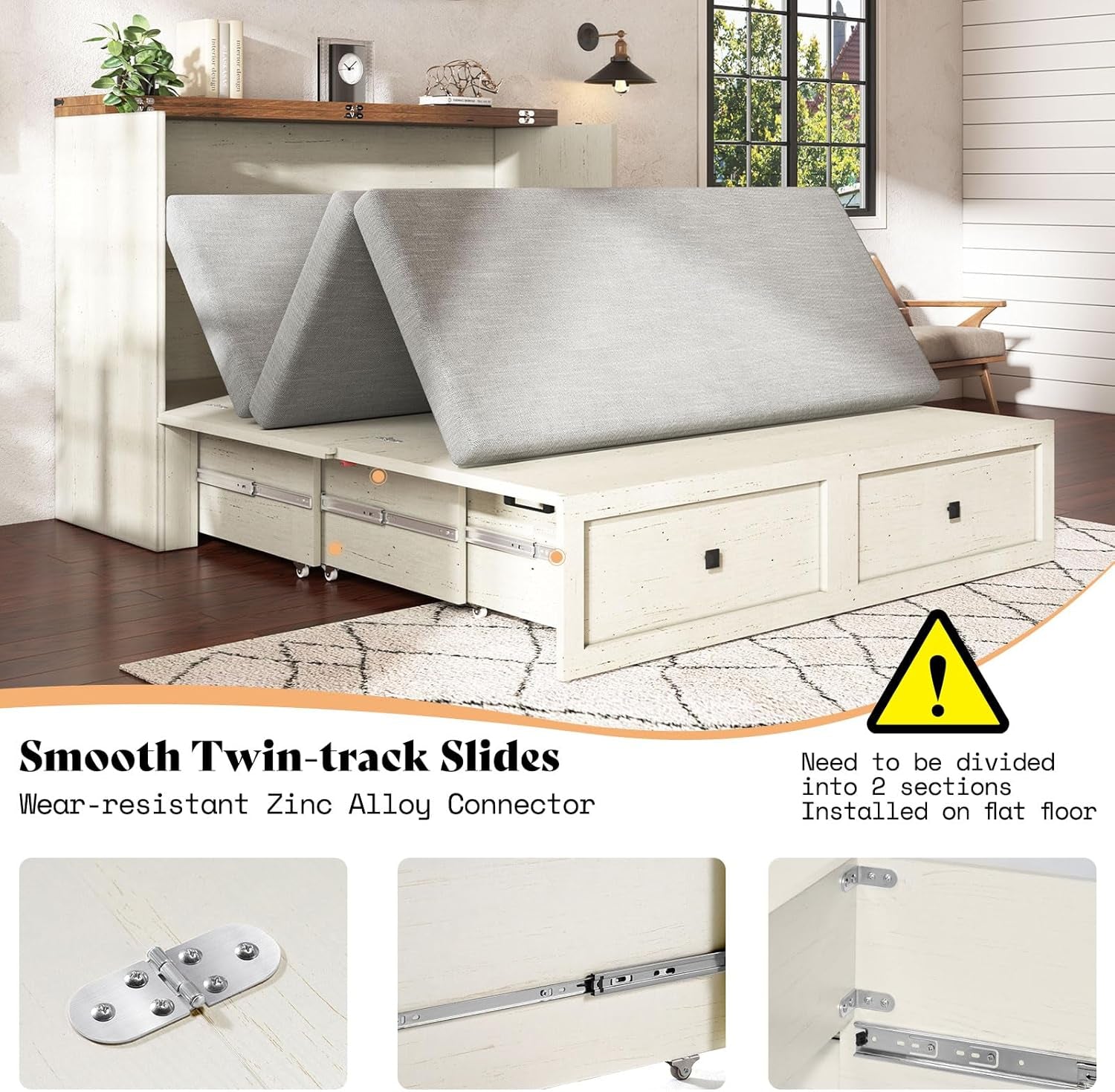 Queen Murphy Bed with Storage & Charging Station, Farmhouse Murphy Cabinet with Foldable Panel, Noisy Free, for Guest Bedroom, Living Room, Office, Distressed White