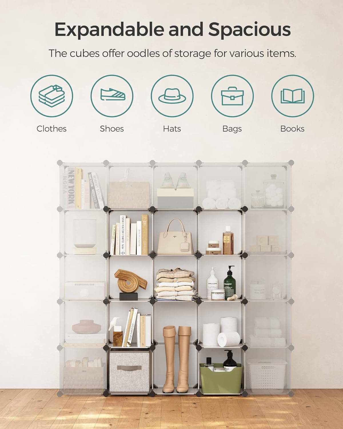 Cube Storage Organizer, Set of 16 Plastic Cubes, Book Shelf, Closet Organizers and Storage, Room Organization, Bedroom Living Room, 12.2 X 48.4 X 48.4 Inches, White ULPC44L