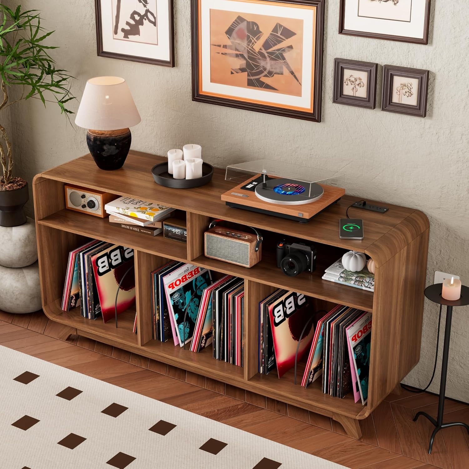 Record Player Stand with Vinyl Storage Cabinet with Charging Station & USB Ports, Turntable Stand Table Holds up to 350 Albums, Curved Vinyl Record Cabinet for Living Room (Walnut, 55-Inch)