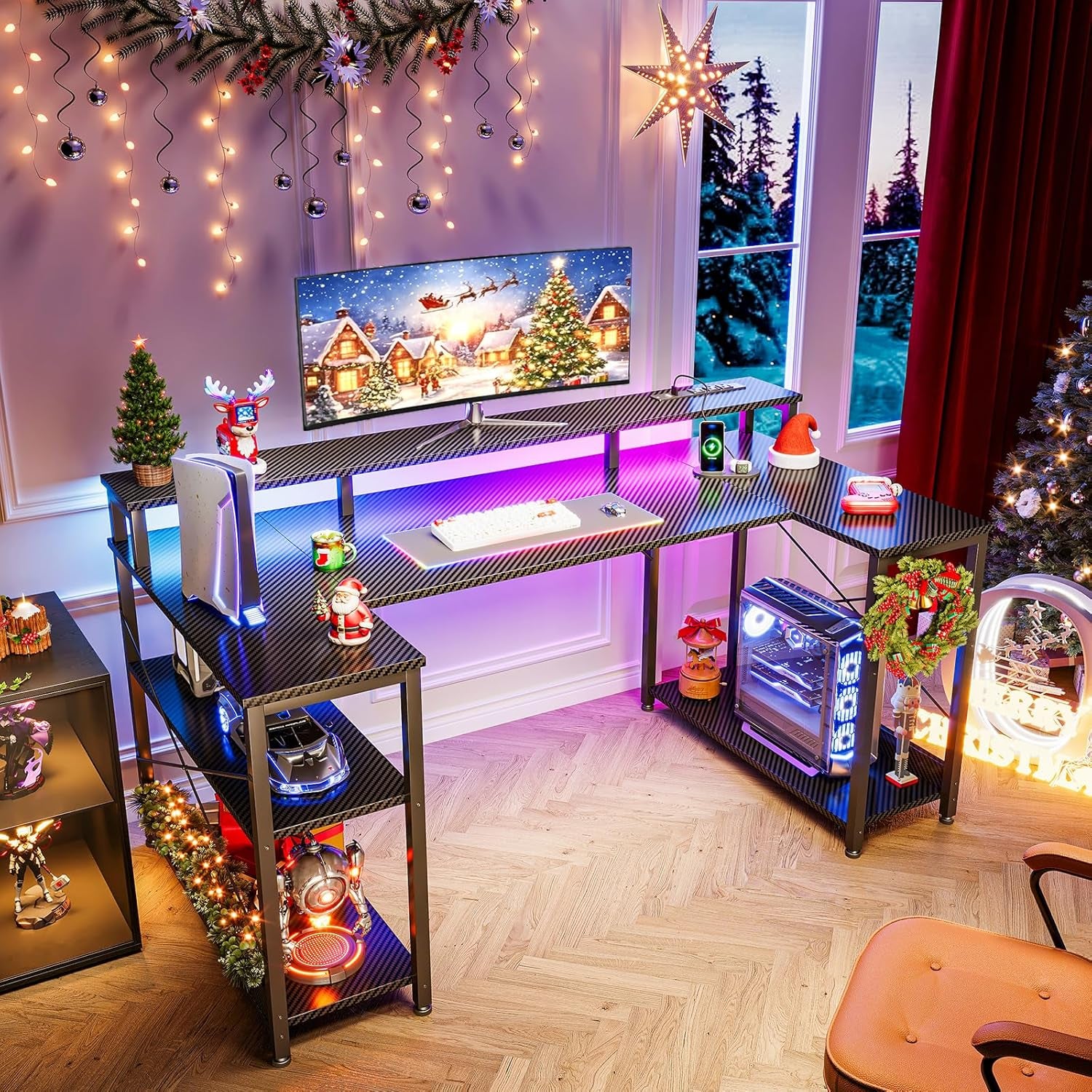 48 Inch Gaming Desk with LED Lights and Power Outlet, U-Shaped Computer Desk with Monitor Stand and Storage Shelves, PC Gamer Table for Home Office, Carbon Fiber Black