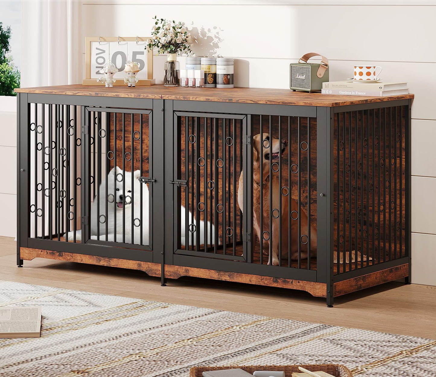 71 Inch Dog Crate Furniture for 2 Dogs with Divider, XXL Wooden Double Dog Cage Furniture TV Stand, Sturdy Indoor Pet Kennel for Medium and Large Breed, Brown