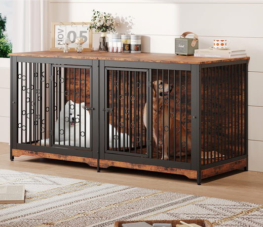 71 Inch Dog Crate Furniture for 2 Dogs with Divider, XXL Wooden Double Dog Cage Furniture TV Stand, Sturdy Indoor Pet Kennel for Medium and Large Breed, Brown