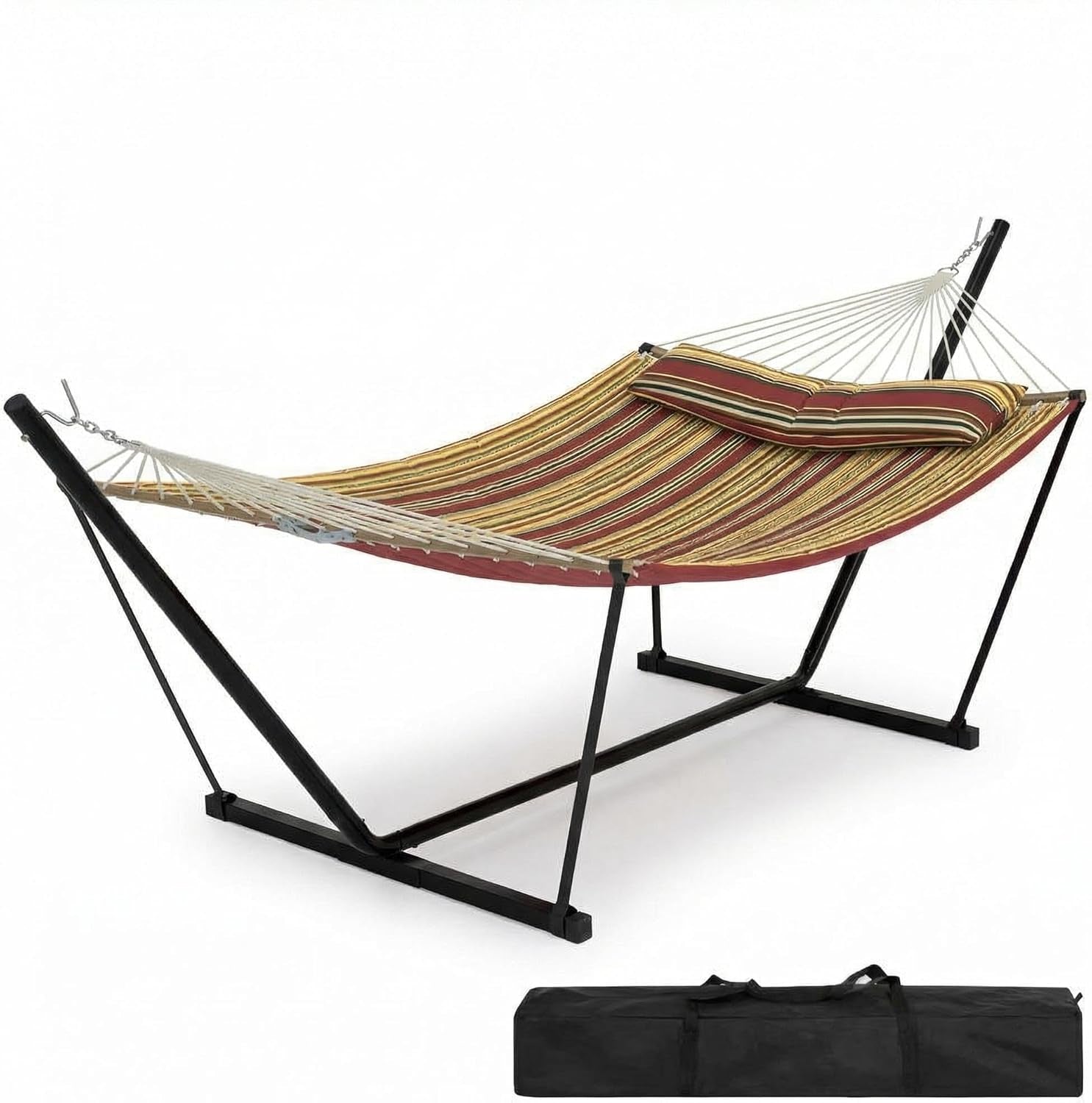 2-Person Hammock with Stand, 450Lbs Weight Capacity, Padded Polyester Fabric & Heavy-Duty Steel Frame, Portable with Carry Bag for Patio Backyard Poolside Garden Camping