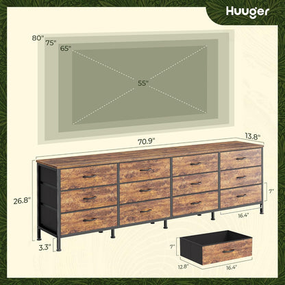 70 Inch Dresser for Bedroom, TV Stand for 65, 75, 80 Inch TV, 12 Fabric Drawer Long Dresser, Large Entertainment Center for Bedroom, Wide Chest of Drawer with Storage, Rustic Brown