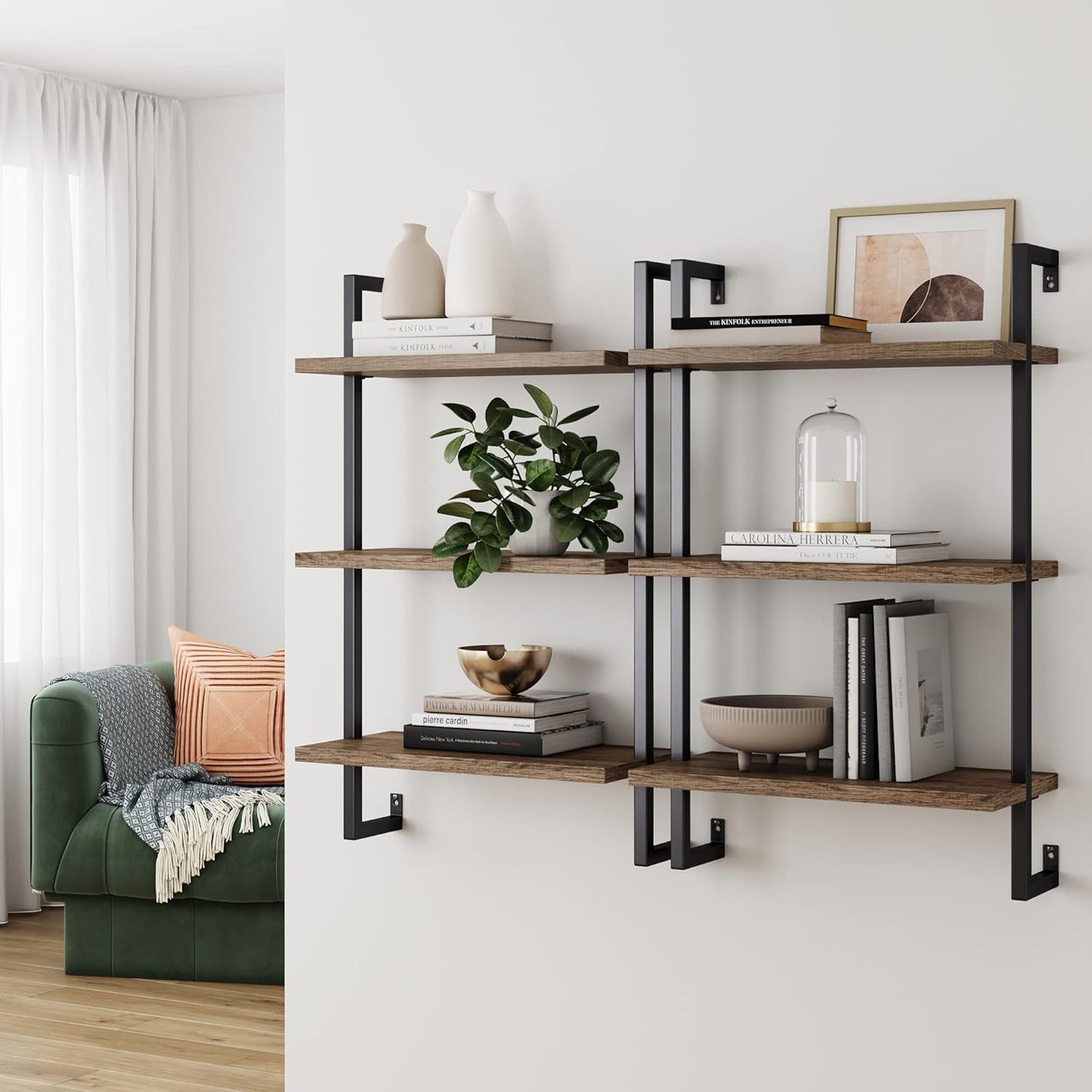 Theo 3-Shelf Small Bookcase, Floating Wall Mount Bookshelf with Wood and Industrial Pipe/Metal Frame, Rustic Oak/Matte Black