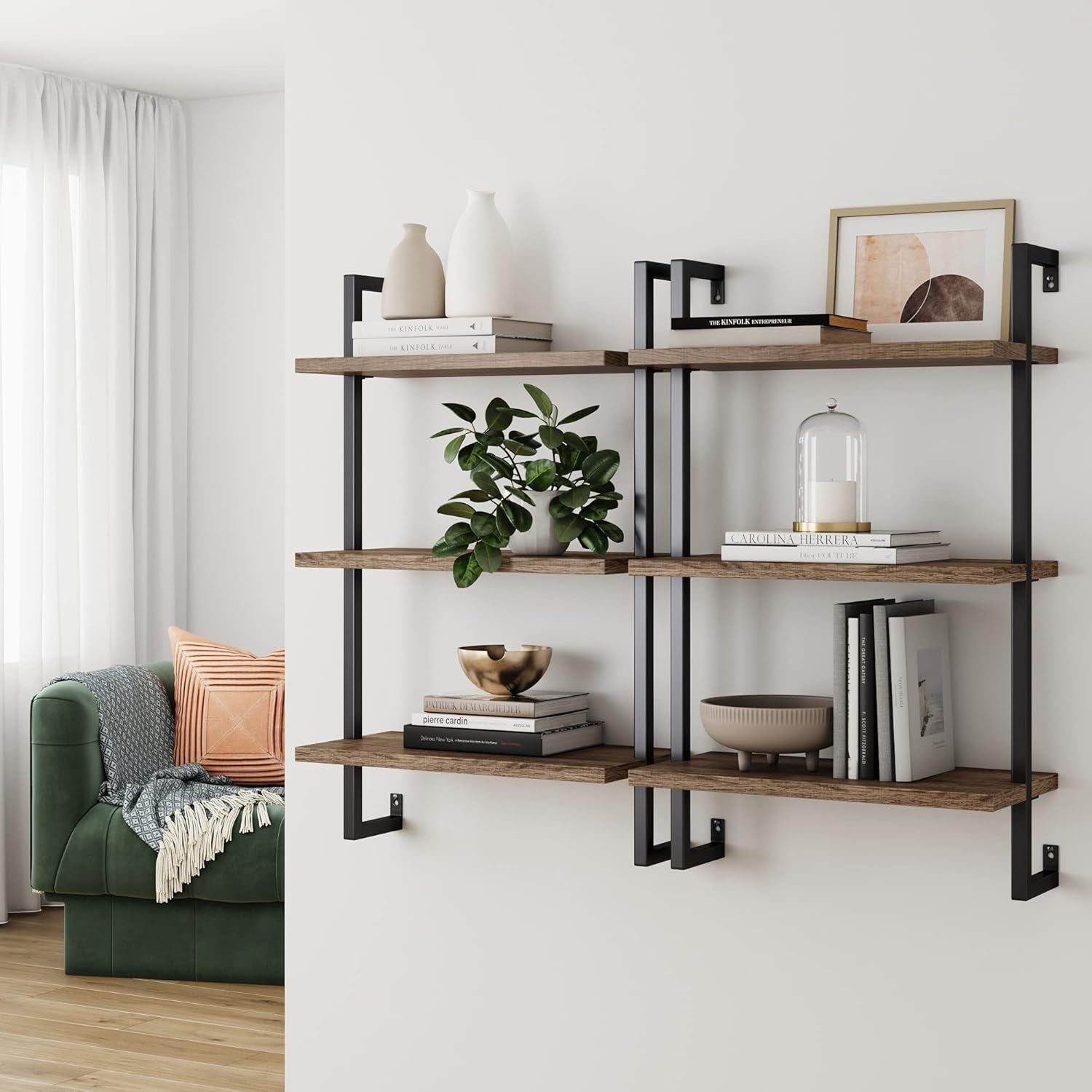 Theo 3-Shelf Small Bookcase, Floating Wall Mount Bookshelf with Wood and Industrial Pipe/Metal Frame, Rustic Oak/Matte Black