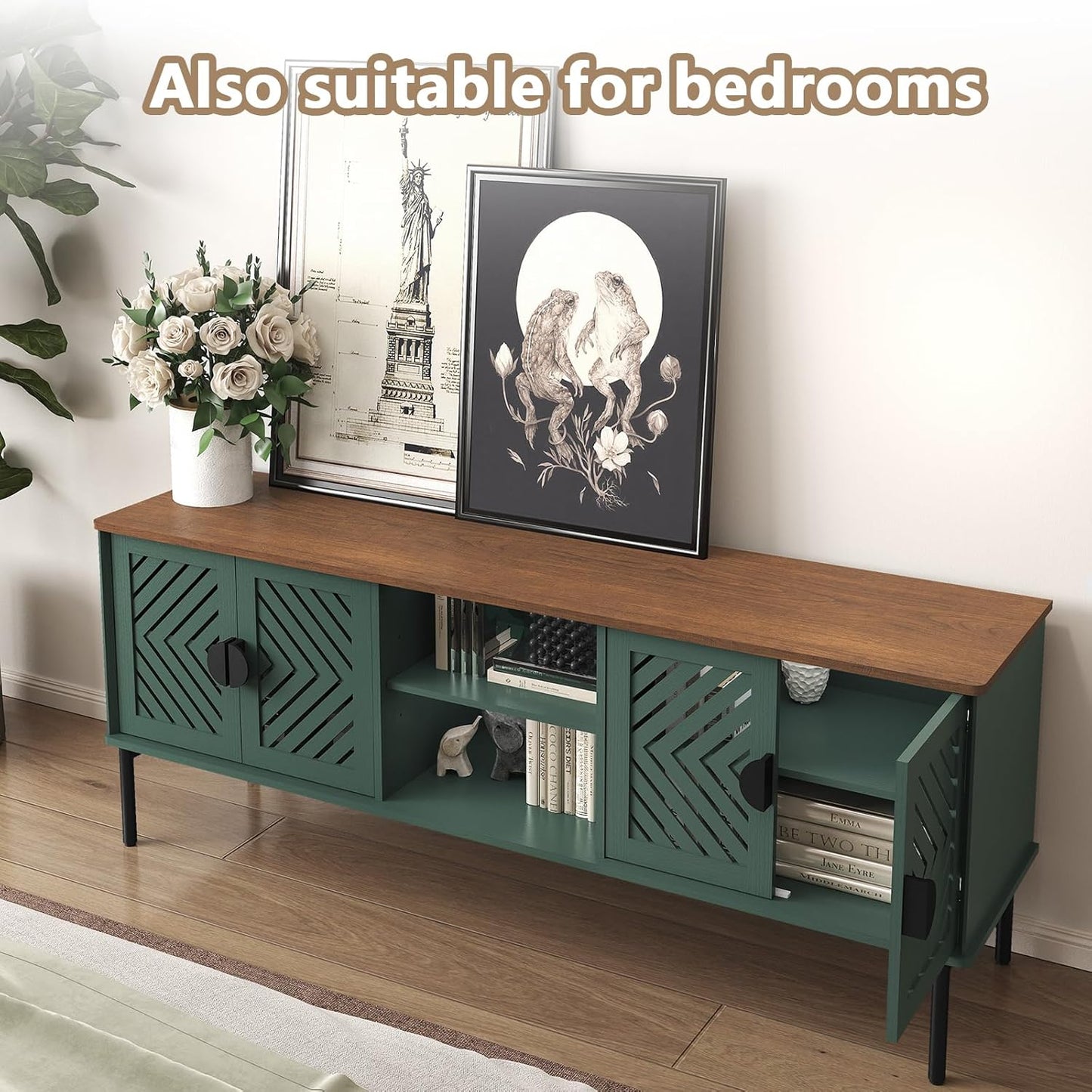 63" Modern TV Stands for Living Room, Long Entertainment Center with Storage, TV Console for 55 60 65 70 Inch TV, Bedroom TV Cabinet with Doors, Wood Media Console, Television Stand, Green