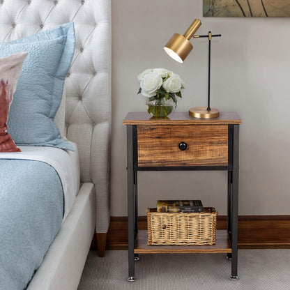 Nightstands Set of 2, Modern Bedside End Tables, Night Stands with Drawer and Storage Shelf for Living Room Bedroom, Industrial Metal Frame