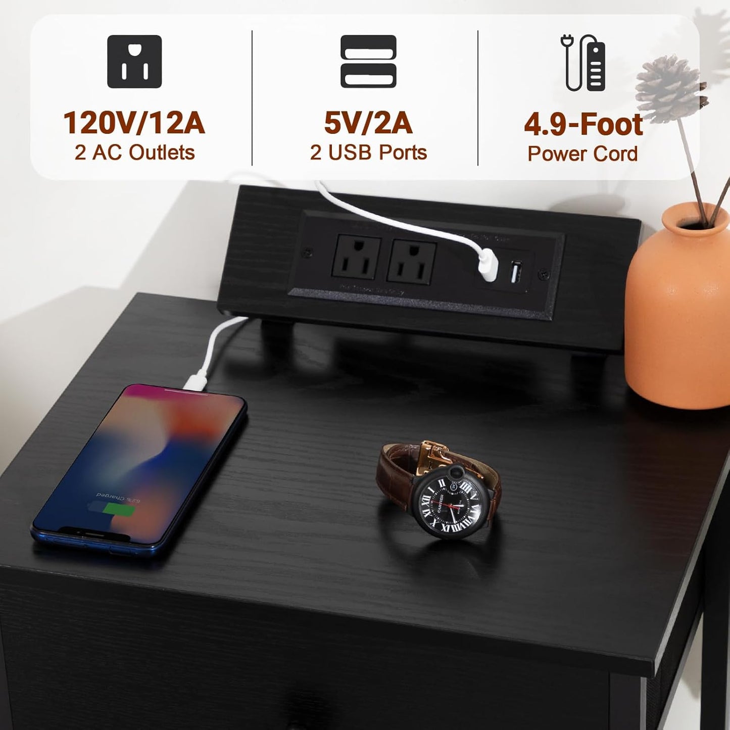 Night Stand, Black Nightstand Set of 2, Small End Tables Living Room with Charging Station, Slim Bed Side Table with Fabric Storage Drawer for Bedroom, Small Space, HET03SDPBK