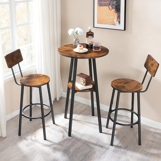 3 Pieces round Bar Height Table and Chairs Set, round Dining Table Set, Pub Table and Chairs for Small Space, 2 Tier Kitchen Table and Bar Stools with Back, Rustic Brown BF35BT01