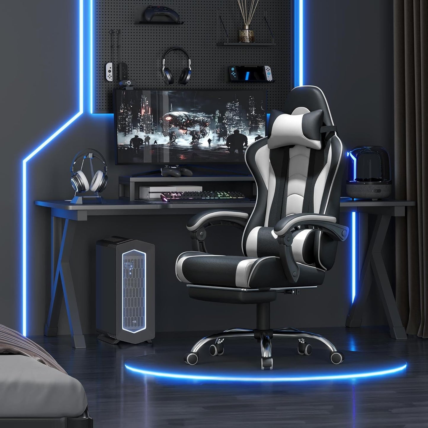 Gaming Chair, Video Game Chair with Massage Lumbar Support and Footrest Height Adjustable Ergonomic Computer Gaming Chair with Swivel Seat and Headrest, Black/White