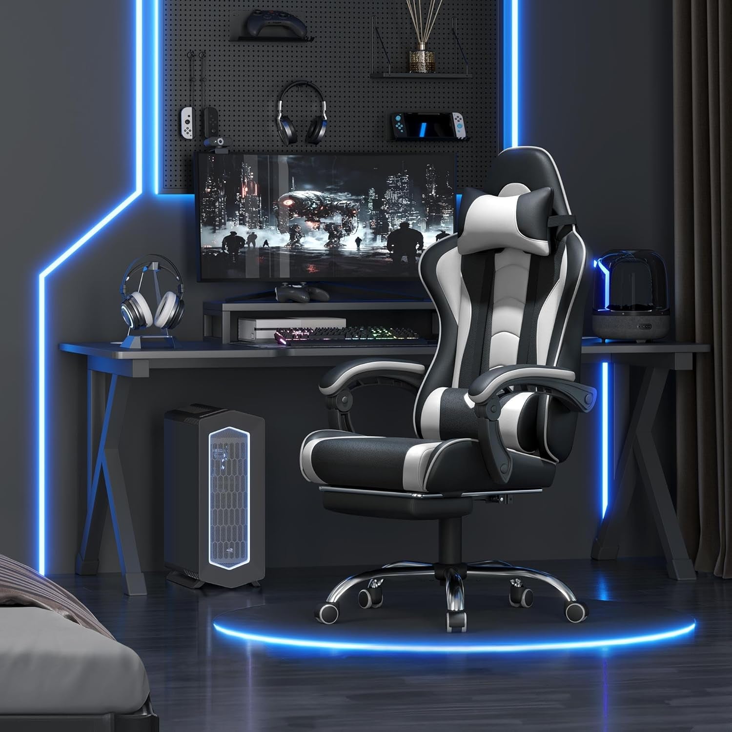 Gaming Chair, Video Game Chair with Massage Lumbar Support and Footrest Height Adjustable Ergonomic Computer Gaming Chair with Swivel Seat and Headrest, Black/White