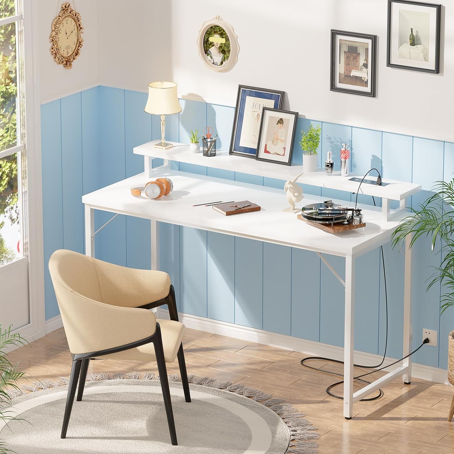 47 Inch Computer Desk with Power Outlets, Gaming Desk with LED Lights, Home Office Work Desk with Monitor Shelf, Modern Office Desk Study Writing Table for Small Spaces, White