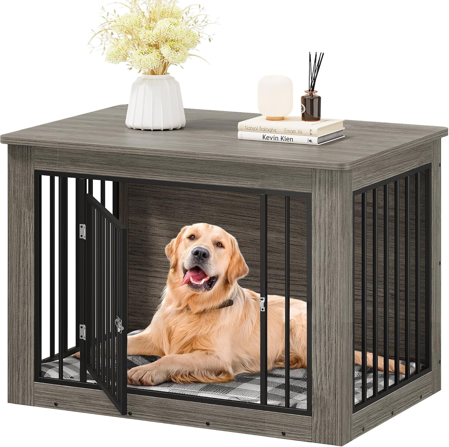 43.7" L Dog Crate Furniture for Large Dog, 2-In-1 Iron-Wood Fusion Modern Dogs Kennel Indoor up to 80 Lb, Side End Table, Adjustable Feet, Waterproof Top, Safety Corners, Rustic Brown