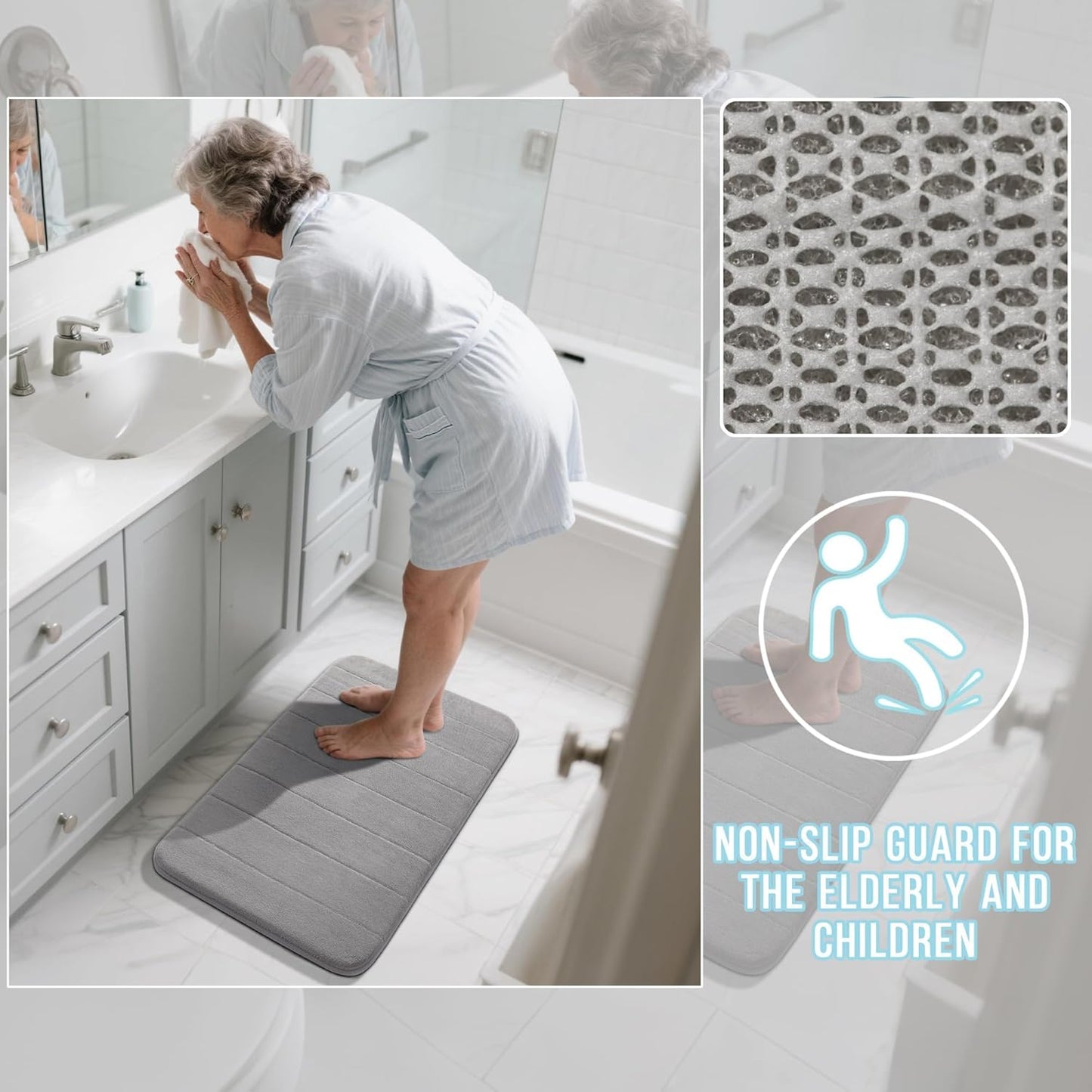 Memory Foam Bath Mat, Super Soft Absorbent Bathroom Rug Non Slip 24X17 Inch, Quick Dry, Machine Washable Floor Carpet for Tub Shower, Home Decor Accessories, Gray