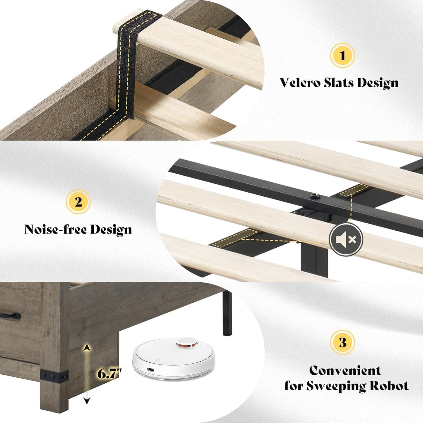 Farmhouse Queen Bed Frame with 54" Tall Geometric Headboard & Footboard, Rustic Wood Platform Bed Frame with Large Storage Drawers, Wood Slats Support, No Box Spring Needed, Rustic Gray