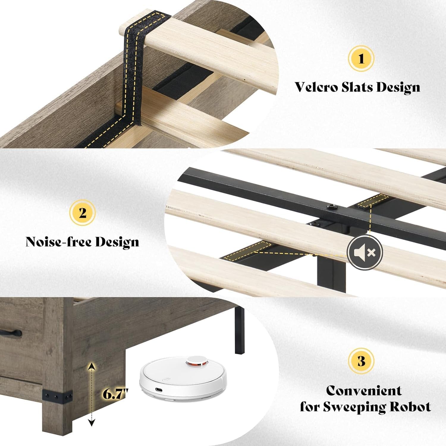 Farmhouse Queen Bed Frame with 54" Tall Geometric Headboard & Footboard, Rustic Wood Platform Bed Frame with Large Storage Drawers, Wood Slats Support, No Box Spring Needed, Rustic Gray