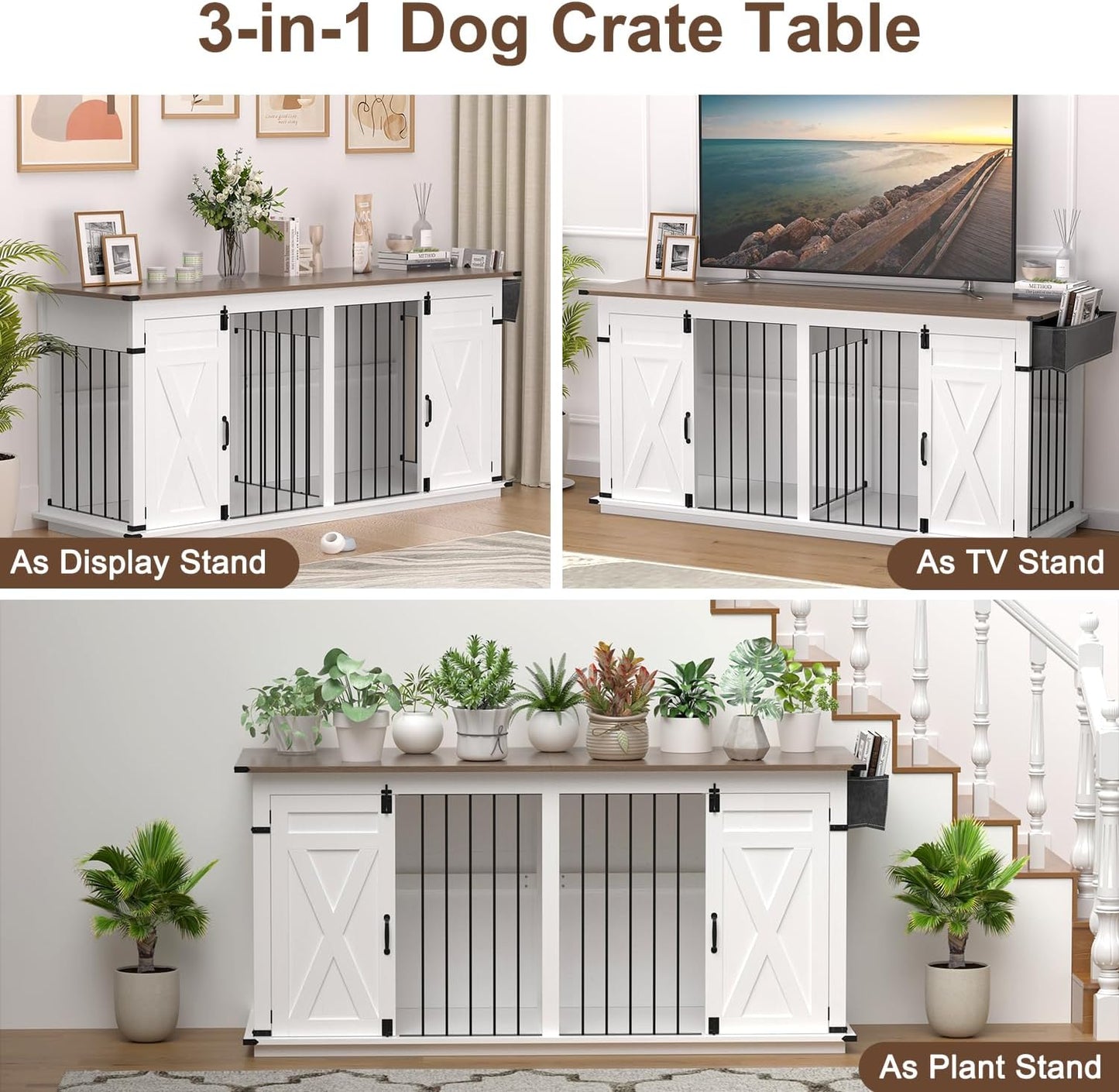 Dog Crate Furniture for 2 Dogs, 72.4" Indoor Large Double Dog Crate, Wooden GOG Kennel Tv Stand with Divider for Medium Large Breed Dogs, White