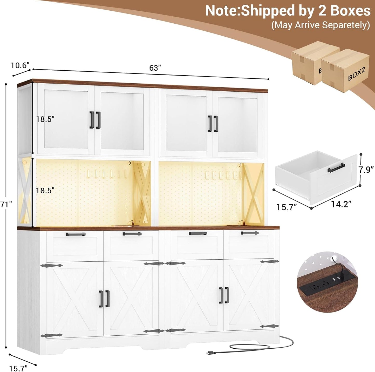 71" Tall Kitchen Pantry Storage Cabinet with LED Light & Outlet, 63" Wide Kitchen Hutch Cabinet with Large Countertop, DIY Pegboard and Drawers, Farmhouse Food Pantry for Living Room,