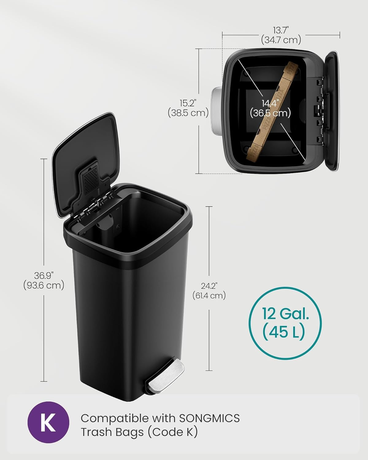 Plastic Kitchen Trash Can, 12-Gallon (45 L) Garbage Can with Stainless Steel Lid, Soft Close, Pedal Waste Bin with Wheels and Rear Handle, Ink Black ULTB533B01