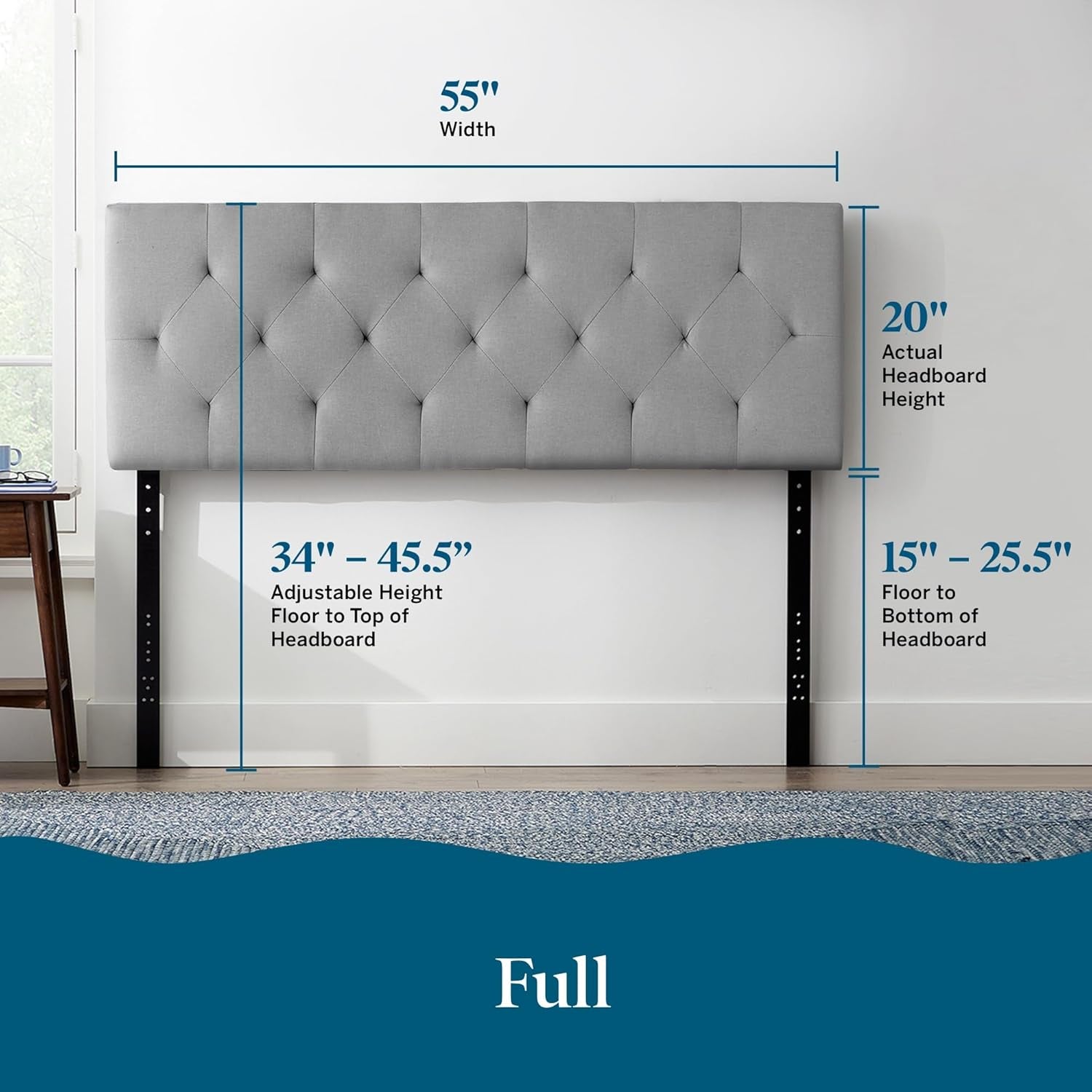 Mid-Rise Upholstered Headboard - Diamond Tufted - Padded Polyester - Adjustable Height from 34” to 46” - Easy Assembly - Bed Frame or Wall Mount - Sturdy - Stone - Full / Full XL Size
