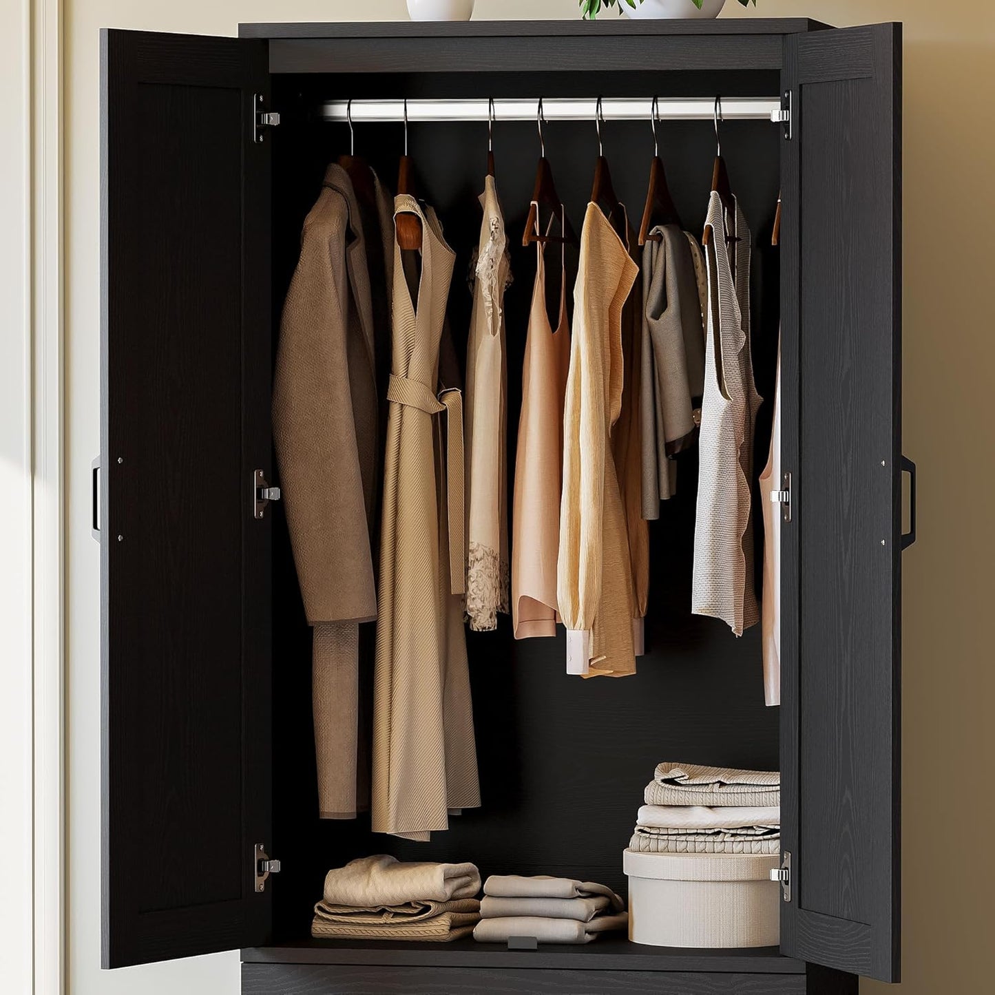 Armoire Wardrobe Closet with 2 Doors and 2 Drawers 70" H X 28" W Wooden Bedroom Freestanding Wardrobe Combination for Hanging Clothes, Black