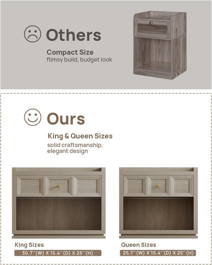 31" Wide Nightstands Set of 2, Large Night Stands with Drawer, Oversized King Size Nightstand Bedside Table for Bedroom, Farmhouse End Side Table Set of 2 with round Corners,Grey White Oak