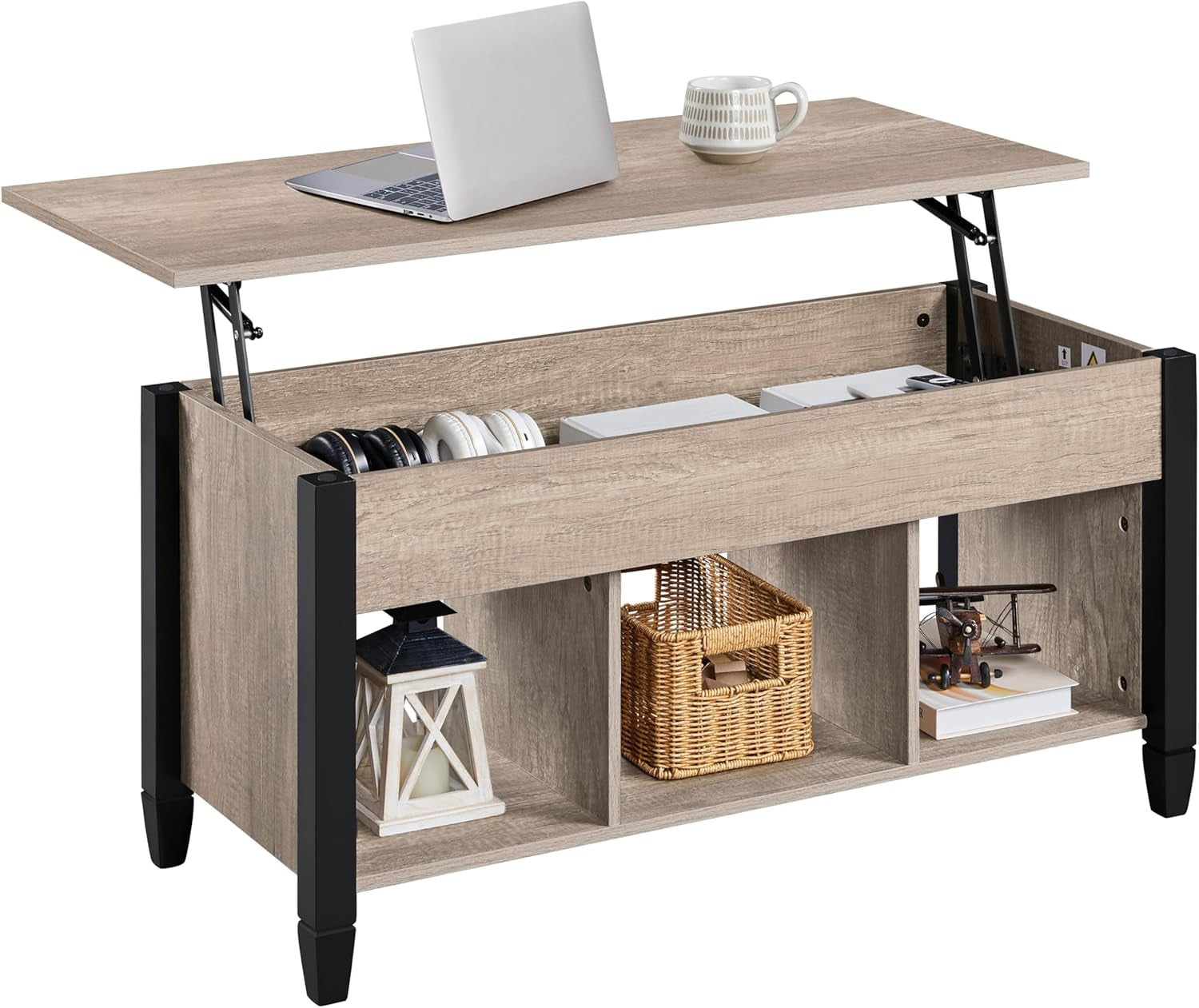 Gray Coffee Table, Lift Top Coffee Table with Hidden Compartment & Shelf, Lift up Dining Table for Living Room Reception, Retro Central Table with Wooden Lift Tabletop, 41 Inch L