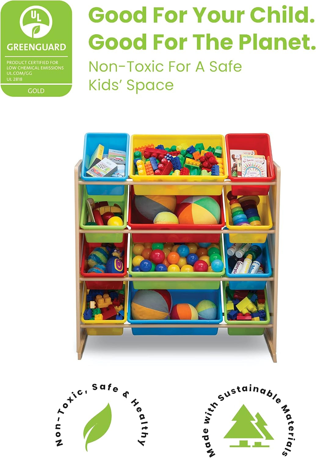 Kids Toy Storage Organizer with 12 Plastic Bins - Greenguard Gold Certified, Natural/Primary