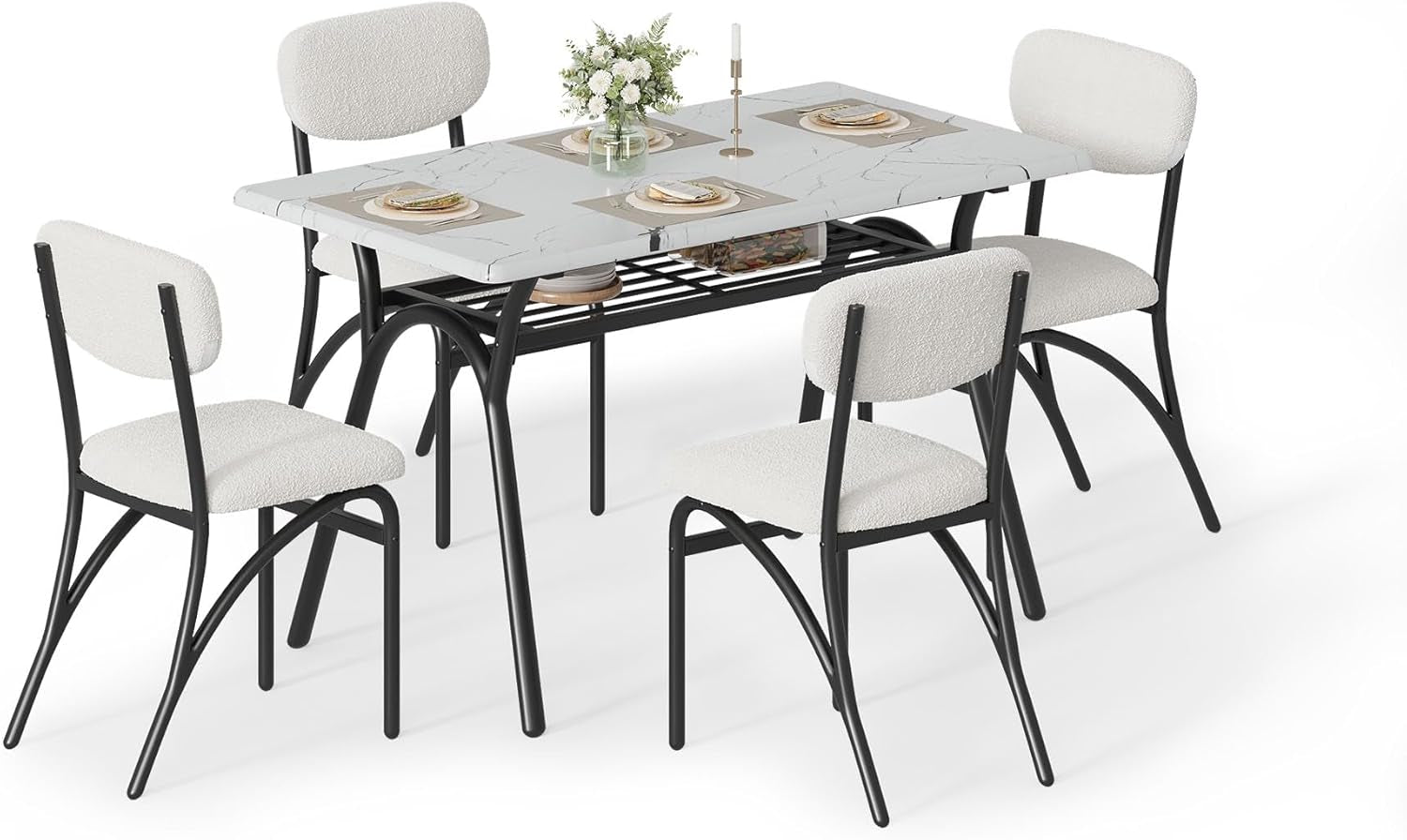 5-Piece Dining Table Set for 4, Modern Kitchen Table with 4 Boucle Chairs, Rectangular Dining Table with Storage Shelf & Marble Tabletop, Beige Home Dining Furniture for Small Space