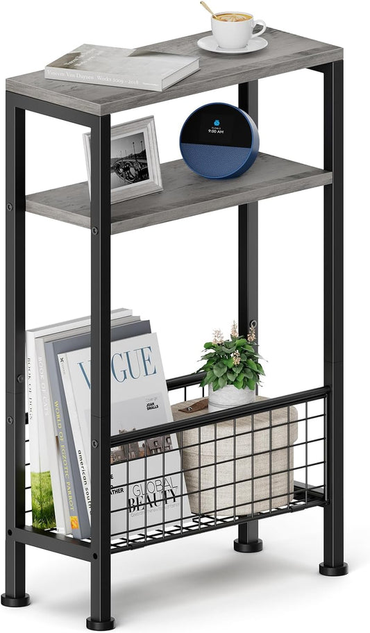 Narrow Side Table, Skinny End Table for Small Spaces with Storage, 3-Tier Slim Wooden Bedside Nightstand Thin Couch Table for Living Room Bedroom Office Dorm Kitchen Bathroom (Gray)