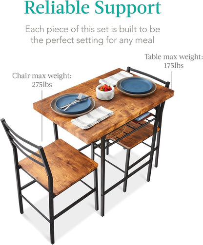 3-Piece Modern Dining Set, Space Saving Dinette for Kitchen, Dining Room, Small Space W/Steel Frame, Built-In Storage Rack - Medium Brown/Black